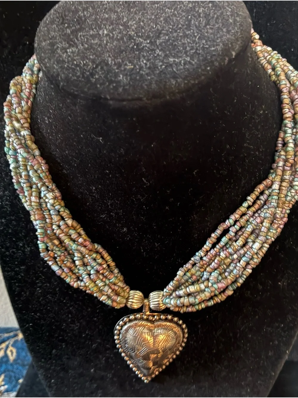Multi-Strand EUC Seed Beaded Necklace with Heart Pendant SilverTone